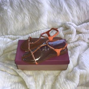 NIB! Orange vegan leather sandals w/ gold studs.